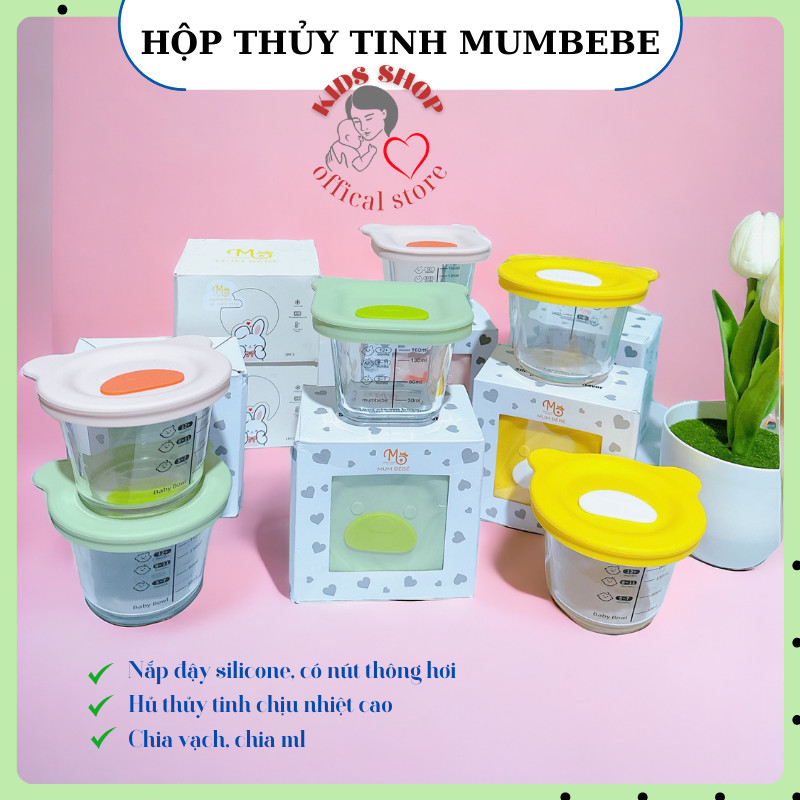 Hộp thủy tinh trữ đồ ăn dặm nắp gấu_Cốc nấu cháo cho bé có chia vạch MUM BÉBÉ