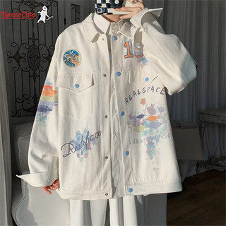 Áo khoác denim ve áo in đầy màu sắc phong cách mới dáng rộng thiết kế graffiti áo khoác phong cách thích hợp