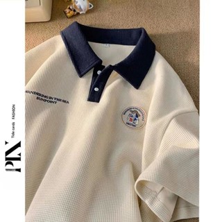 Áo Polo Mỹ Retro Waffle Sinh Viên Áo Thun Tay Ngắn Nam Nữ Mùa Hè Thường Ngày Cặp Đôi Rời Nửa Tay Top T 
