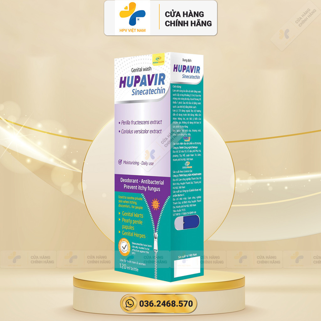 Dung dịch vệ sinh Hupavir Sinecatechin lọ 120 ml Hỗ trợ cho người bị Sùi Mào Gà, hạt ngọc, mụn rộp, Herpes