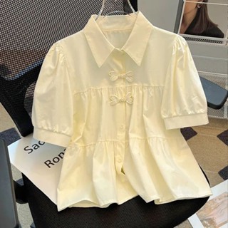 Phong Cách Trung Hoa Mới Phong Cách Trung Hoa Nút Đĩa Áo Sơ Mi Tay Ngắn Nữ Mùa Hè Phong Cách Mới Tay Phồng Giảm Tuổi Áo Sơ Mi Cho Bé Rời Top