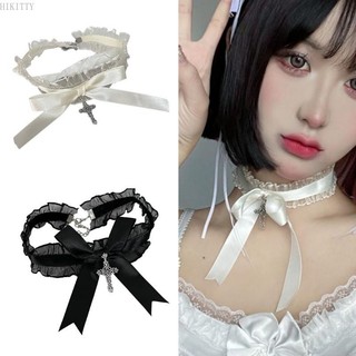 Hik Gothic Thánh Giá Mặt Dây Chuyền Vòng Cổ Ruffle Ren Nơ Choker Halloween Giáng Sinh Năm Mới Trang Sức Cho Nữ Cô Gái
