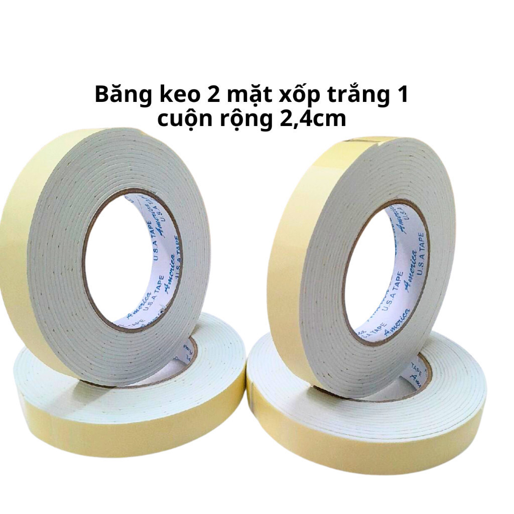 SKU57 - 1 Cuộn băng keo 2 mặt xốp trắng, rộng 2,4cm - dày 3mm - dài 6 mét, lõi giấy 3mm - STBK