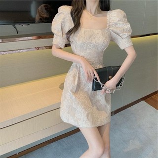 Váy Liền Cạp Cao Jacquard Tay BồNg Cổ Vuông Trẻ Trung Có Thể Ngọt Ngào, Váy Nhỏ Hẹn Hò Trẻ Em Mùa Hè