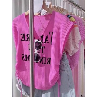 Dây rút Xếp Ly In Chữ Áo Vest Không Tay Áo Thun Nữ Cổ Chữ V Crop Top Mùa Hè