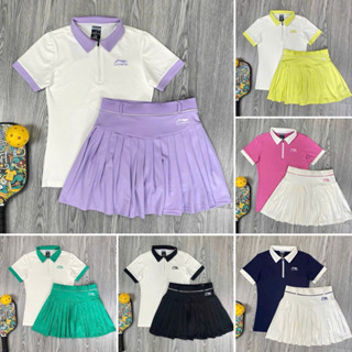 Bộ Váy Thể Thao Xếp Ly Và Áo Polo Tay Ngắn LINING Chơi Cầu Lông, Pickleball, Tennis, Golf