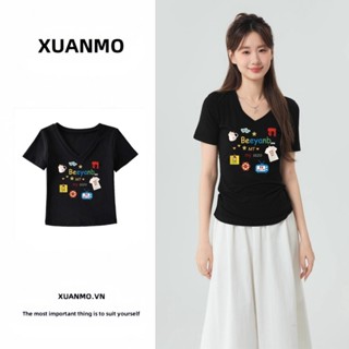 XUANMO Local brand Áo baby tee Áo Thun ôm body Áo y2k 100% cotton Áo thun ngắn tay đen cho phụ nữ, thiết kế thời trang mùa hè 2025, áo thun cổ V kiểu Mỹ