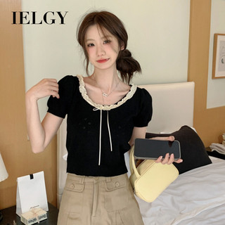 Áo thun ngắn tay dệt kim ren IELGY dành cho nữ dáng ôm ngọt ngào vừa vặn