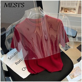 Áo len ngắn tay Áo thun nữ mùa xuân hè cổ tròn eo hẹp Slim-fit Áo ngắn