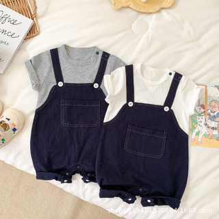 2024 Trẻ Sơ Sinh Quần Áo Trẻ Em Jumpsuit Nam Nữ Bé Đẹp Trai Tay Ngắn Giả Hai Mảnh Romper Dây Đeo Romper Jumpsuit