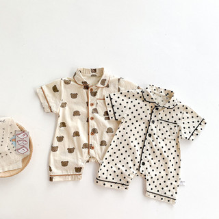 Quần Áo Mùa Hè Phiên Bản Hàn Quốc Quần Áo Bé ins Bộ Đồ Ngủ Nhà Quần Áo Jumpsuit Cotton Gấu Áo Liền Quần Tay Ngắn