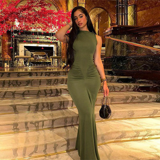 Klalien Thanh Lịch Nữ Đầm Mùa Hè 2024 Thời Trang Đơn Giản Chắc Chắn Không Tay Cinched Eo Maxi Bodycon Dạo Phố Mềm Mại Mỏng Vestidos