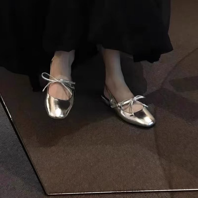 Giày Sandal Mũi Tròn Thấp Nơ Nữ Slip-On