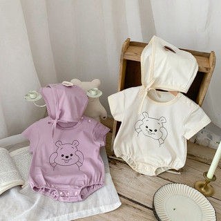 2024 Quần Áo Cho Bé Mùa Hè Hoạt Hình Gấu Romper Nam Nữ Bé Cotton Mỏng Tay Ngắn Quần Áo Cho Bé Romper Có Mũ Trùm Đầu