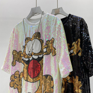 Áo Thun Tay Ngắn Đầm Sequin Hoạt Hình Công Nghiệp Nặng Châu Âu Station Sáng Bóng Phong Cách Mới Rời Mèo Nữ Hàng Đầu Thời Trang XE0N