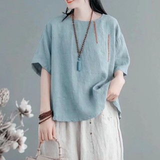 100% Cotton Tay Ngắn Nữ Thêu Vải Lanh Cotton Cổ Tròn Mùa Hè Đơn Giản Phù Hợp Với Phong Cách Mới Rời Plus Kích Thước Áo Thun Nữ Chui Đầu Top Nữ Hợp Thời Trang