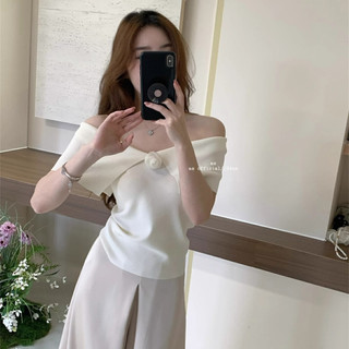 Áo Trễ Vai Áo Coquette Tay Ngắn Áo Kiểu Nữ ôm body Nhỏ Dệt Kim Một Vai Nữ Mùa Hè Phong Cách Mới Tính Khí Slim-fit S