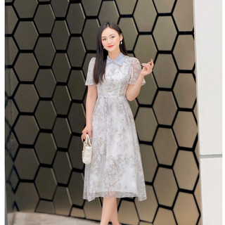 Đầm hoa nhí công sở dáng xòe, Đầm xếp ly 2 lớp , sang trọng, chất liệu lụa hàn cao cấp Emvy K100