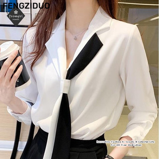 Fengziduo Áo sơ mi cổ chữ V dài tay trắng / đen, thời trang, phù hợp cho nữ