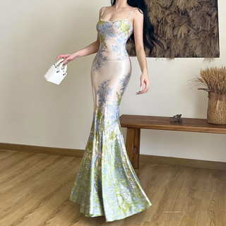 Beyouare Gợi Cảm In Hình Sling Đầm Nữ Mới Trung Quốc Retro Váy Sang Trọng Hẹp Đuôi Cá Váy Dài