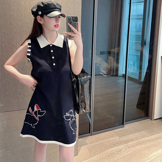 Preppy Phong Cách Giảm Tuổi Màu Sắc Tương Phản Thêu Cún Con Ice Silk polo Áo Không Tay Đầm Rời Thẳng Bao Bụng Mỏng Đầm