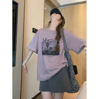 Jiashuchen Mùa Hè Mỹ Retro Tím Áo Thun Ngắn Tay Nữ Top Size Lớn Rời Bao Bụng Nửa Tay T @ -