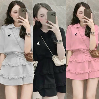 (Bigsize 45-90kg) Set Áo Cổ Polo Kèm Chân Váy Dáng Ngắn Chất Thun Tăm Họa Tiết Con Ngựa Dễ Thương Hot Trend