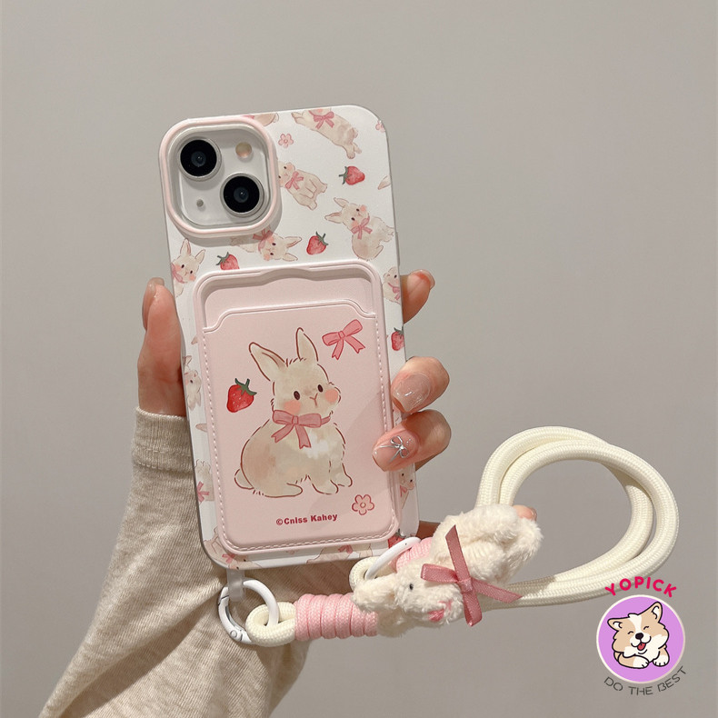 Nơ Thỏ Dâu Dây Đeo Cổ Tay Ốp Lưng Điện Thoại iPhone 15 15promax 14plus 7plus 8p 6 xsmax XR14 13promax Thẻ Dành Cho iPhone 11 12 Vỏ Mềm Dây Treo Cô Gái Dễ Thương Mới GKB