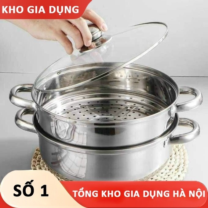 Nồi hấp inox 2 tầng, Xửng Hấp 2 Tầng đa năng 28cm, cao cấp nắp kính, cách thủy tiện lợi - Gia Dụng Giá Rẻ số 1