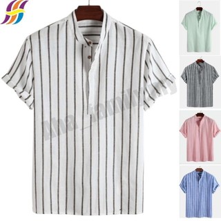 Áo sơ mi nam henley tay ngắn vải lanh cotton áo thun cổ quan thoại sọc mỏng kurta cotton kéo trên nút lên nam áo