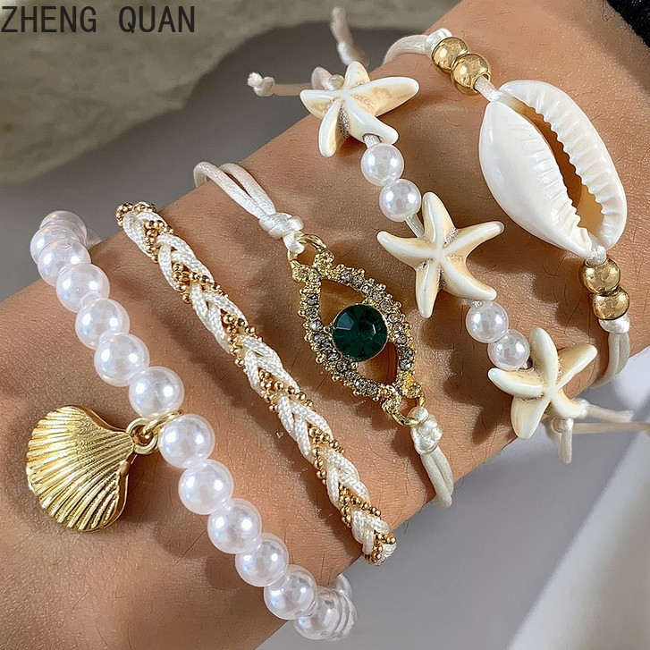 Boho Xanh Ác Mắt Phước Lành Vòng Tay Bộ Handmade Ngọc Trai Sao Biển Vỏ Vòng Tay Bộ Dành Cho Nữ Đi Biển Trang Sức Ngày Lễ Quà Tặng Thời Trang