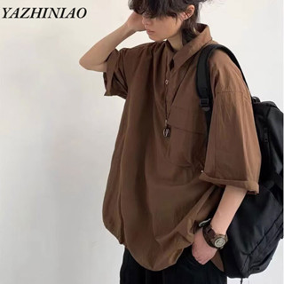  YAZHINIAO Áo sơ mi nam ngắn tay Nhật Bản cổ điển đa năng cơ bản cổ POLO áo thun dáng rộng 