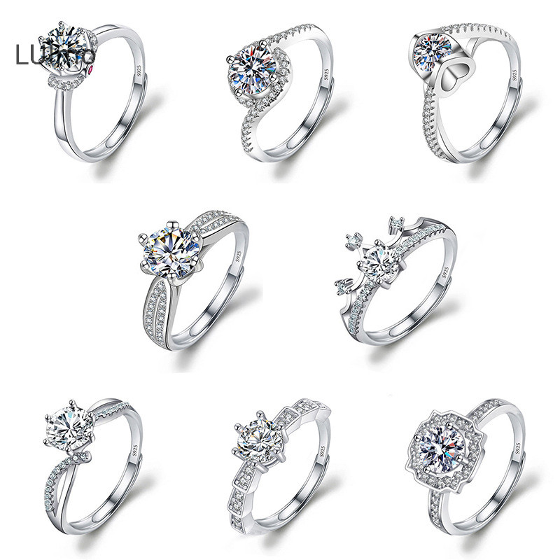 Luimo Moissanite Đính Hôn Ngón Tay Nhẫn Kẻ Sọc Kim Cương Mở Nhẫn Cho Nữ Bạc 925 Hứa Cưới Nhẫn Có Thể Điều Chỉnh Trang Sức Mỹ SBS