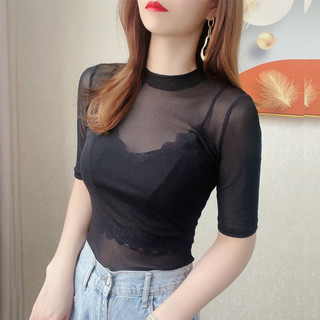 Áo thun ren nữ Slim-Fitting Đơn giản xuyên thấu bên trong trận đấu mỏng Top