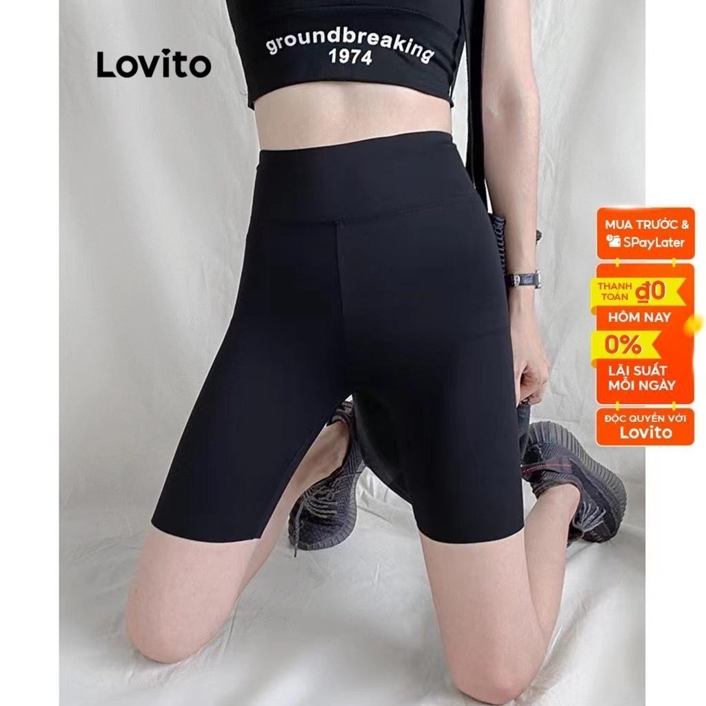 Quần đùi legging Lovito lưng cao nâng mông màu trơn họa tiết xếp nếp phong cách thể thao L15X158 (Màu đen)