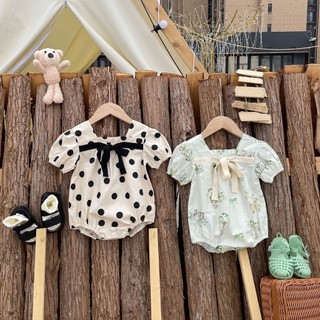 2024 Phong Cách Mới Cho Bé Onesie ins Bé Mùa Hè Mỏng Phong Cách Bé Gái Tay Ngắn Dễ Thương Nơ Chấm Bi Romper Công Chúa Trọn Tháng Một Tuổi Romper