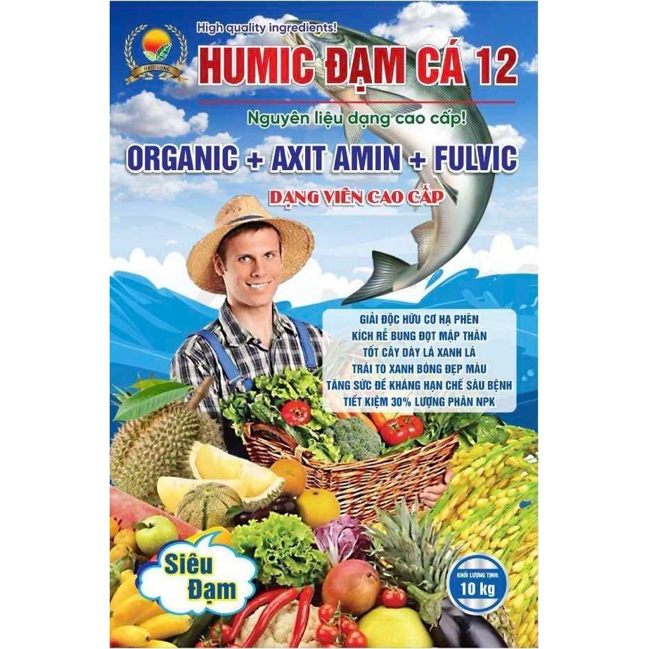 Bao 10Kg PHÂN BÓN HUMIC ĐẠM CÁ 12 - Nguyên liệu dạng cao cấp HỮU CƠ + AXIT AMIN + FULVIC DẠNG VIÊN CAO CẤP . BAO 10KG