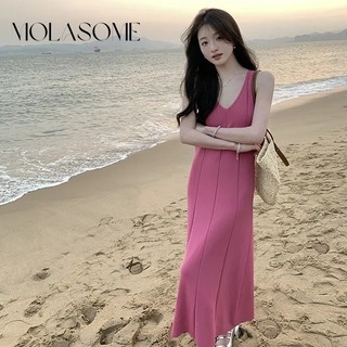 Molasome Nữ 2024 Thời Trang Mới Màu Dây Cổ Không Tay Dệt Kim Slim Fit Đầm Maxi