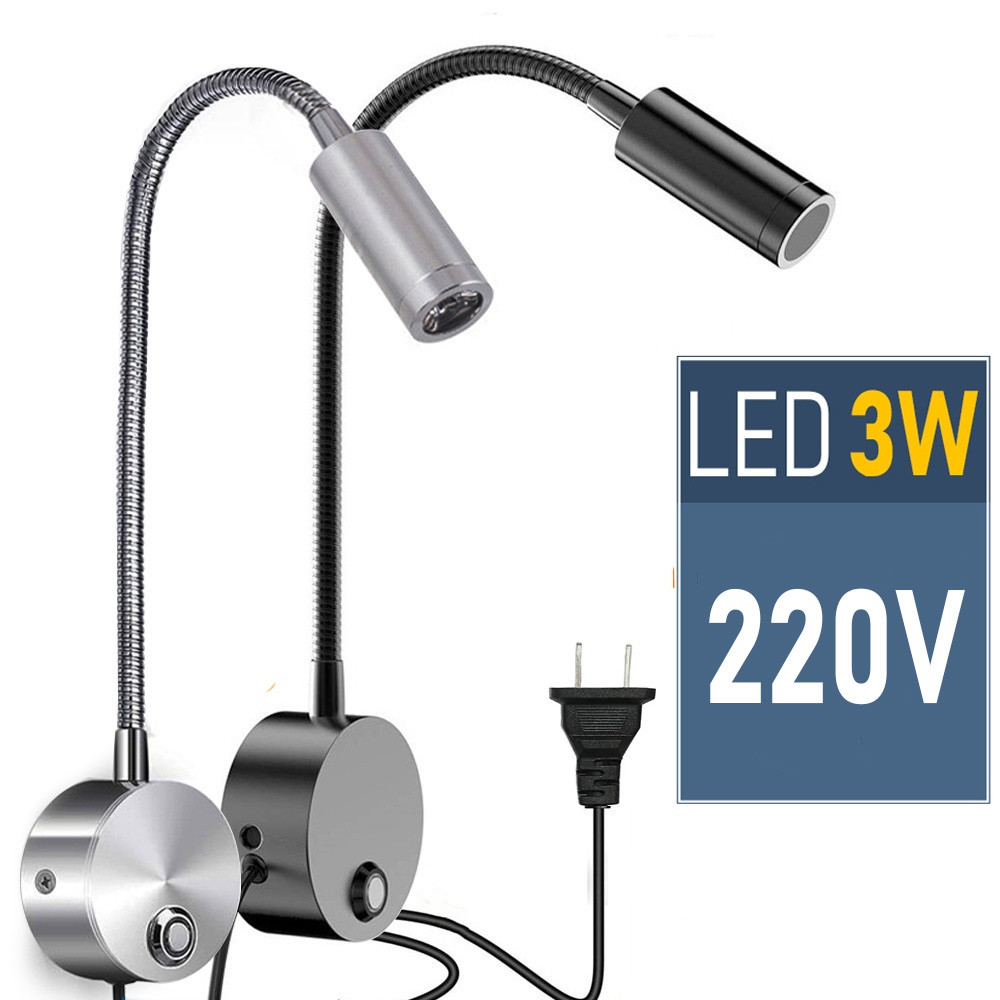  Đèn đọc sách gắn tường đầu giường Led 3W Nguồn điện 220V Ánh sáng chiếu rọi điểm tích hợp đèn ngủ Đèn soi tranh 