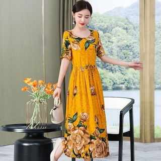 Váy lụa Cotton phong cách mới Váy dài Over-the-Knee Mẹ trung niên mặc Size lớn