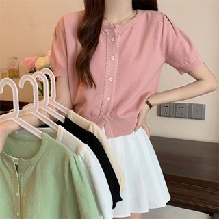 Retro Cổ Tròn Dệt Kim Ngắn Tay Áo Thun Nữ Mùa Hè Mỏng Slim-Fit Crop-Top Thời Trang Giảm Béo Thường Ngày Tay Phồng Dệt Kim Top VBQ7