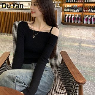 Du YAN Áo thun dài tay lệch vai ngọt ngào giảm béo bên ngoài đáy áo thun dài tay dành cho nữ