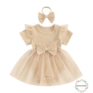 Babyclothes-bộ đồ liền quần ngắn tay cổ tròn 2 mảnh mùa hè cho bé gái + Băng đô nơ 3D dành cho trẻ sơ sinh Trang phục trẻ mới biết đi
