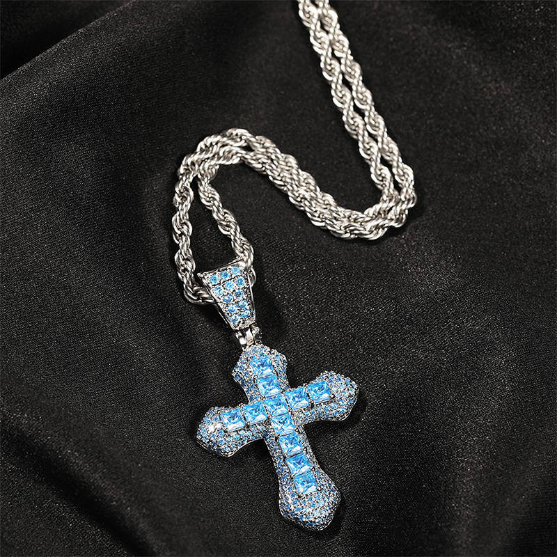 Hip Hop Cross Red Blue Pink Pendant Men's Necklace Female Trend Cuban Link Chain Clavicle Chain Gem 