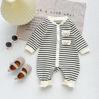 Bộ Đồ Cho Bé Phiên Bản Hàn Quốc Thu Đông Sọc Dài Tay Cổ Tròn Ba Chiều Gấu Jumpsuit Xuân Thu Phong Cách Bé Trai