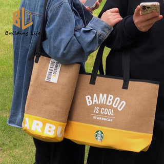 Túi đeo vai Starbucks được ghép nối ​​Túi đeo vai bằng vải lanh Dung tích lớn Túi xách nữ Túi ngoại vi Starbucks thời trang và đơn giản