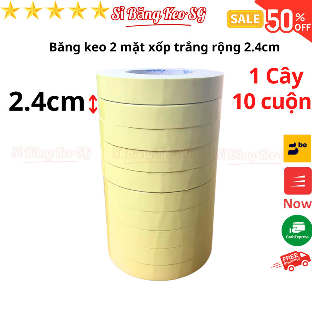 SKU394 - Băng keo 2 mặt xốp trắng, rộng 2,4cm - dầy 3mm - dài 6 mét, lõi giấy 3mm