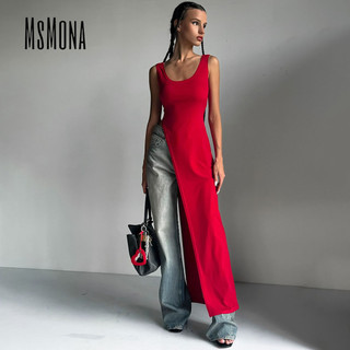 MsMona Đầm ôm Màu Trơn Giữa Eo Cổ Chữ U Không Tay Thời Trang Hàng Ngày Ngoài Trời Slim Fit Dạo Phố Đảng