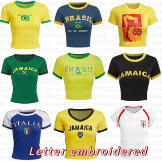 Áo thun thêu chữ Y2K kiểu dáng tối giản của Mỹ dành cho nữ 2024 đường phố cổ điển crop top