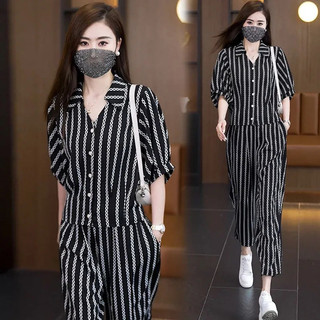 Quần Áo Nữ Phù Hợp Với 2 Cái / bộ Thời Trang Nữ Thường Ngày Mặc Trang Phục Nữ Phong Cách Hàn Quốc Áo Sơ Mi Sọc Thời Trang Top + Sọc Ống Rộng Quần Dài Seluar Pendek Perempuan